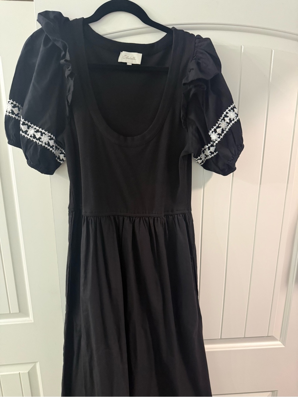 Cleobella Black Midi Dress with White Embroidered Puff Sleeves